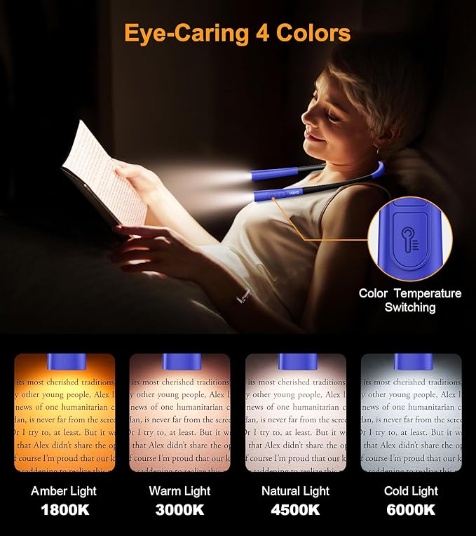 Gritin Book Light, Eye Caring 4-Color & 5-Brightness Neck Light Reading Light- Stepless Dimming,30-min Timer,80+ Hrs Runtime,Bendable Round Neck Design, Lightweight for Reading-Dark Blue