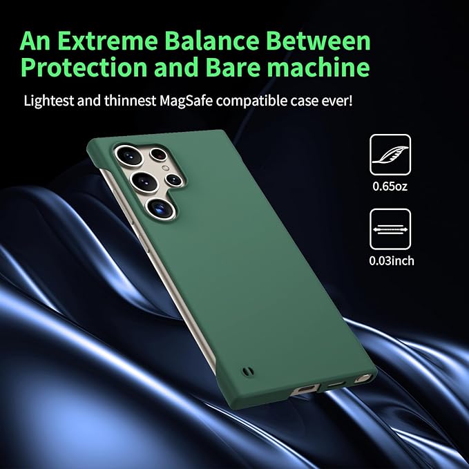GRECAZO Slim Borderless for Samsung Galaxy S25 Ultra Phone Case 6.9"(2025) Ultra-Thin Lightweight Frameless Matte Hard PC Cover Case with Pull Ring Minimalist Non Slip Rope-Dark Green
