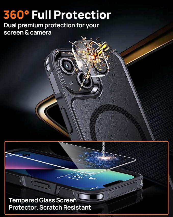 Lanhiem Magnetic for iPhone 13 Case, 2 Pack [Tempered Glass Screen Protectors+Camera Lens Protectors] 10 FT Military Drop Protection Anti-Fingerprint Slim Design Phone Cover for iPhone 13 (Black)