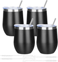 12oz/4 Pack Wine Tumbler Glasses with Lid Stemless Double Wall Vacuum Stainless Steel Travel Tumbler Keeping Cold & Hot for Wine,Coffee,Cocktails,Drinks-Family and Gifts (Black)
