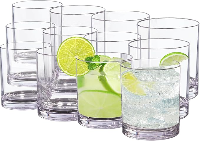 12 oz Drinking Glass Sets, Set of 12 Plastic Cups Unbreakable Drinkware Glasses Set Tumblers & Water Glasses Acrylic Clear Drinking Glasses, BPA-Free Beer Glasses for Home & Outdoors, Dishwasher Safe