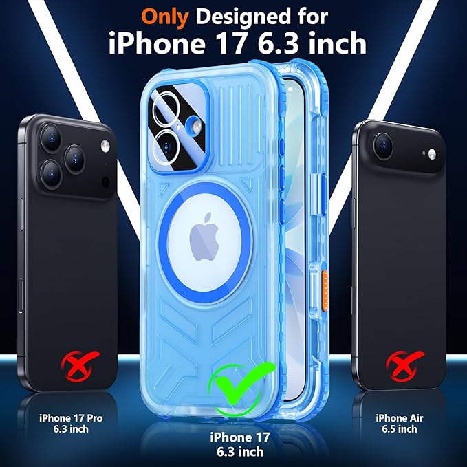 SPIDERCASE Magnetic for iPhone 17 Case Waterproof,[Built-in Screen & Camera Protector] [IP68 Underwater] 12FT Military Shockproof, Dustproof, Anti-Scratched Phone Case,Blue/Clear