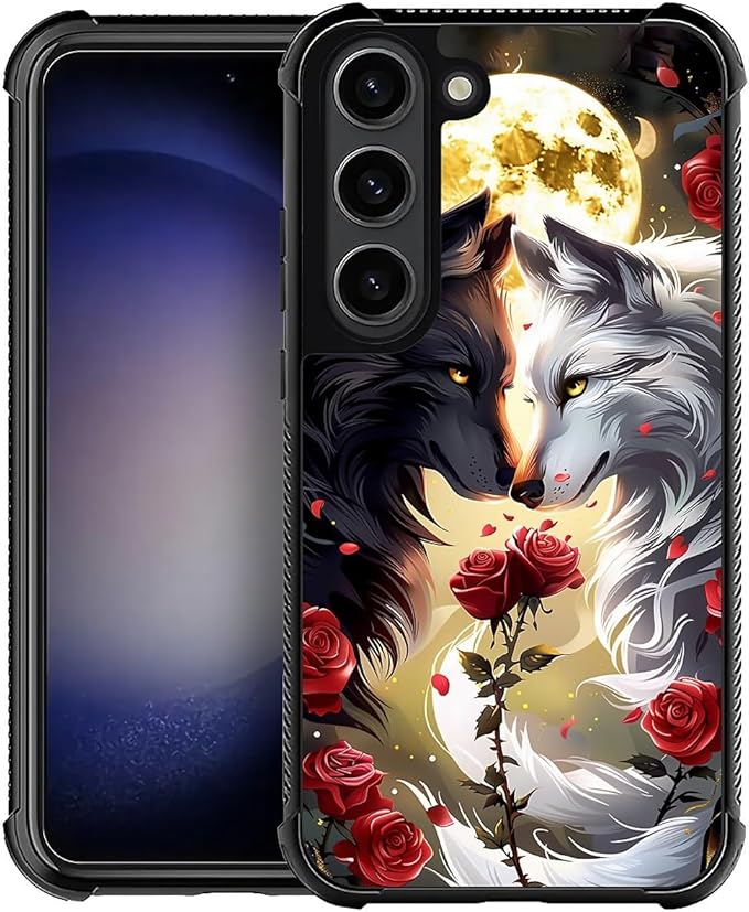 for Samsung Galaxy S23 Case, Black White Wolf Moon Flower Rose Pattern Graphic Design Girl Boy Soft Silicone Hard Acrylic Shock Protection for Samsung Galaxy S23