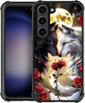 for Samsung Galaxy S23 Case, Black White Wolf Moon Flower Rose Pattern Graphic Design Girl Boy Soft Silicone Hard Acrylic Shock Protection for Samsung Galaxy S23