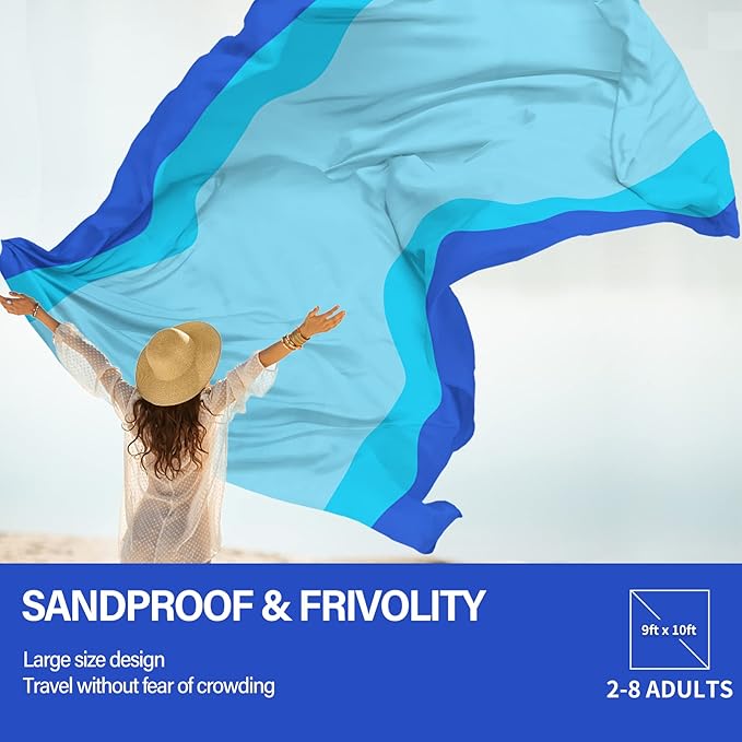 Famstar Beach Blanket Oversized Extra Large 10'X 9',Waterproof Sandproof Beach Blanket 2-8 Adults Lightweight Durable for Travel Camping Hiking Picnic (10'X 9', Blue)