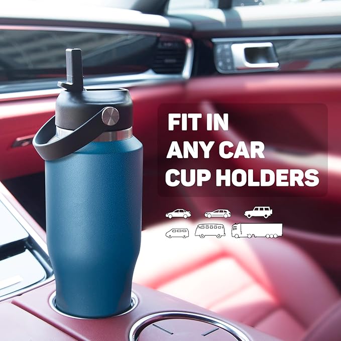 ABOTOCUP 32oz Water Bottle Insulated with Powder Coated, Fit in Any Car Cup Holder, Blue Water Bottles with Straw and Spout Lids, Stainless Steel Insulated Double Wall Leak-proof BPA Free