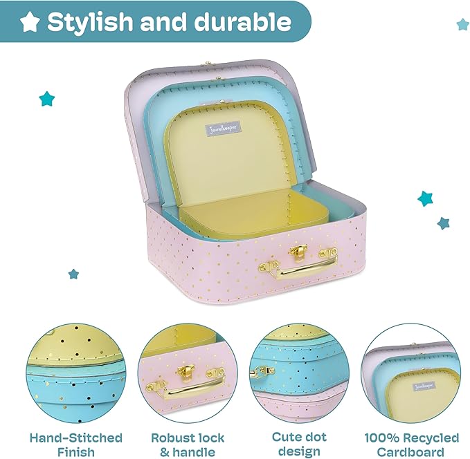 Jewelkeeper Decorative Storage Boxes Set of 3 - World Map Mini Suitcase Style Cardboard Suitcase with Brass Clasps and Handle - Ideal for Travel Decor, Event Props and Gift Presentation