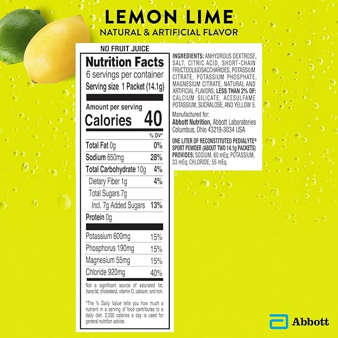 Pedialyte Sport Electrolyte Powder, Fast Hydration with 5 Key Electrolytes for Muscle Support Before, During, & After Exercise, Lemon Lime, 0.49-oz Packets (36 Count)