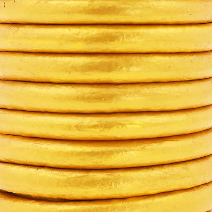 Mandala Crafts Round Genuine Gold Leather Cord for Jewelry Making – 6mm Cowhide Leather Rope String Lace for Kumihimo – 4.4 Yards Cowhide Craft Cording Spool