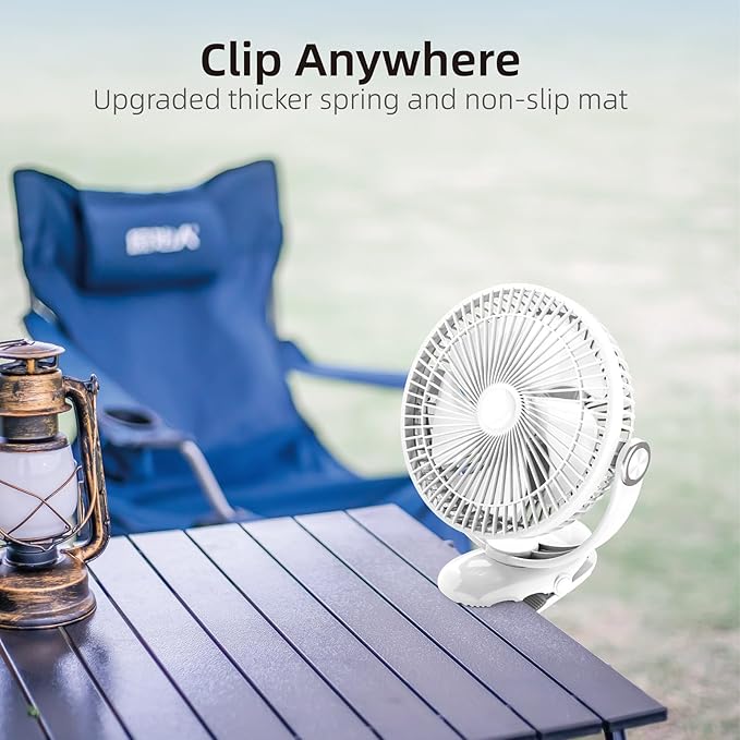 10000mAh 30hrs Rechargeable Clip on Fan, 8 Inch Battery Operated Fan Portable, 4 Speeds, Sturdy Clamp, Quiet USB Fans for Golf Cart Desk Treadmill Camping Truck Outdoor Travel Office, White
