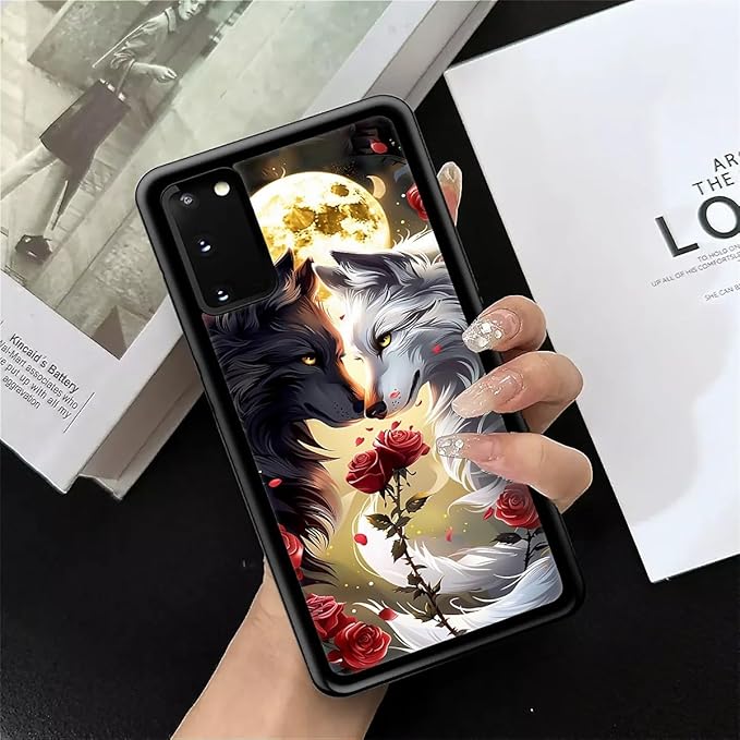 for Samsung Galaxy S20 Case, Black White Wolf Moon Flower Rose Pattern Graphic Design Girl Boy Soft Silicone Hard Acrylic Shock Protection for Samsung Galaxy S20