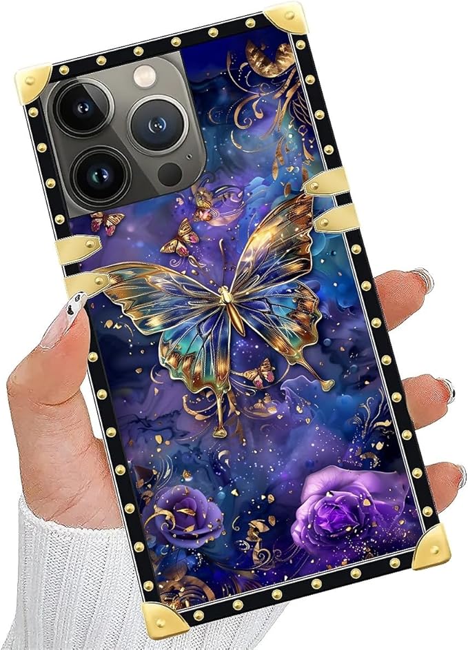 Compatible with iPhone 13 Pro Case, Glistening Golden Butterfly Vibrant Purple Blue Luxury Golden Decoration for Girl Women Soft TPU Shockproof Protective Hard PC Back