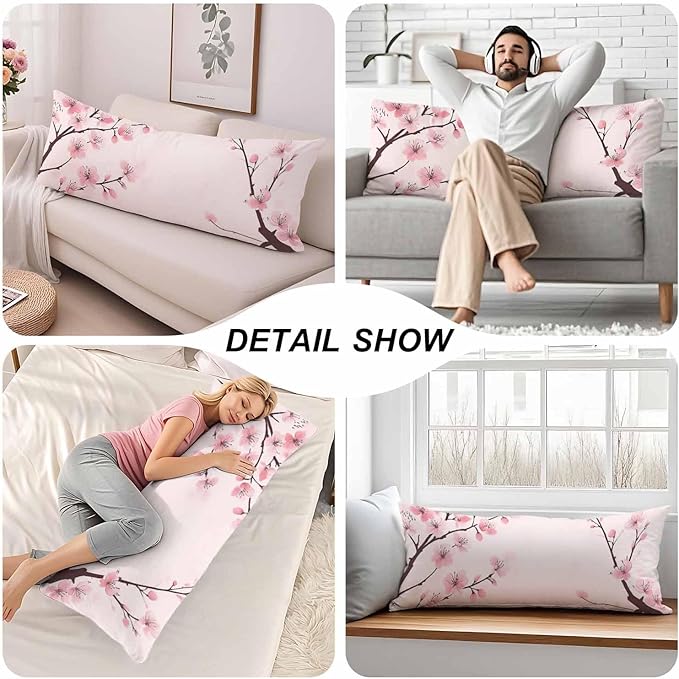 Couch Pillows Decorative Body Pillow Cover Cherry Blossom, Japanese Cherry Pink Rectangle Body Pillowcase for Men Women, Body Pillow Covers 20" X 54" Cushion Cases for Sofa Bed
