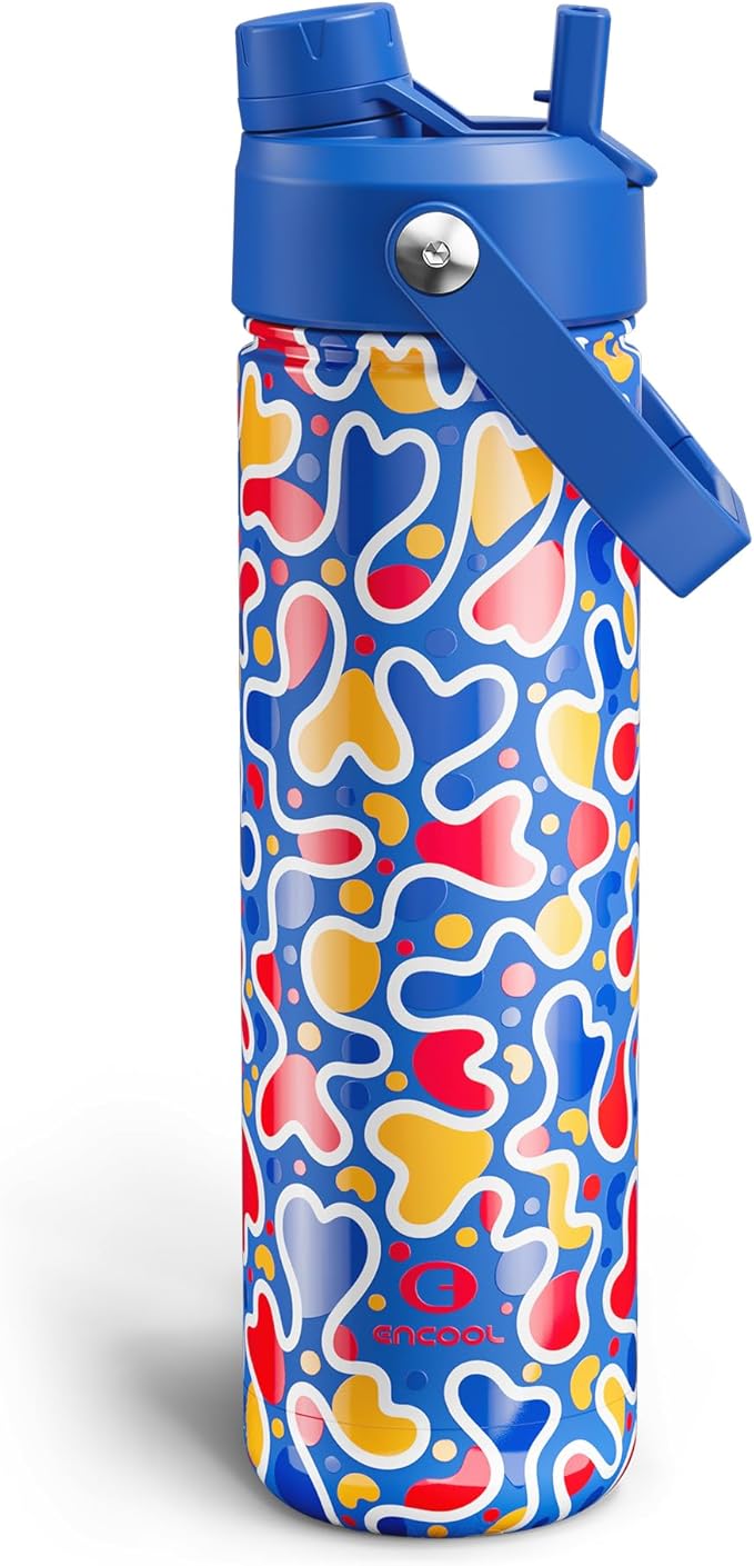 ENCOOL Insulated Water Bottle with Straw Stainless Steel Water Bottle, Leak-Proof, BPA-Free, Double Wall Vacuum Keeps Cold for 24 Hours for Sports, Travel, School (26 oz, Ocean Pop)