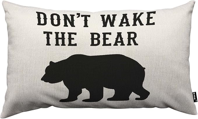 TKS MITLAN Don't Wake The Bear Decorative Pillow Covers Cool Animal Bear Black White Rustic Linen Throw Pillow Covers 12x20 Inch for Sofa Couch Decoration