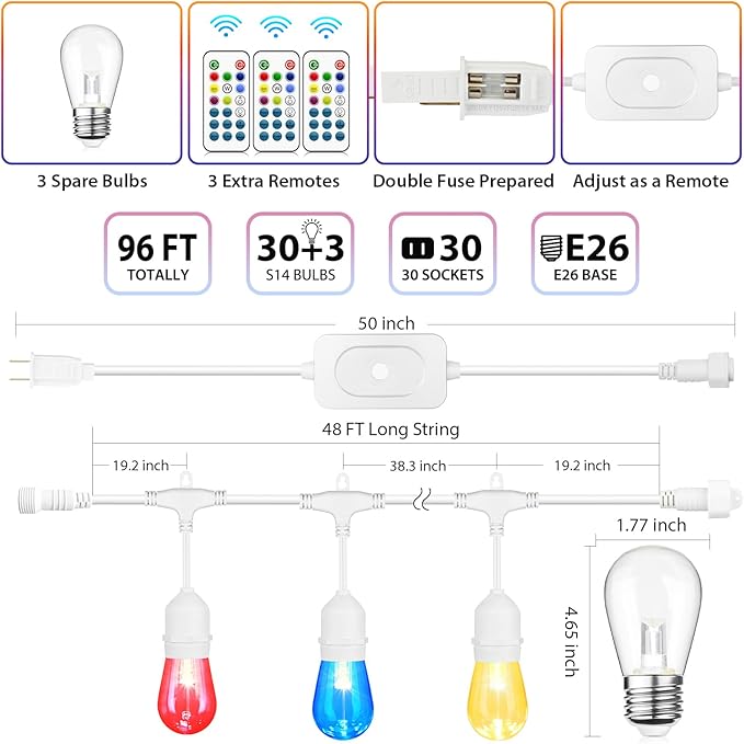 Larkvue 96FT(2X48FT) RGBW Outdoor String Lights with Remote, Patio Lights with 30+3 Vintage S14 Dimmable Waterproof Bulbs for Yard Party Decor, White