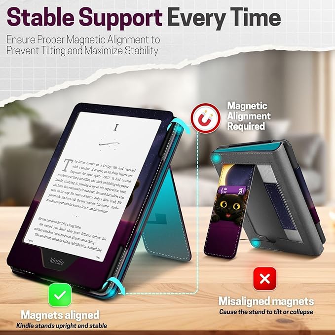 TNP Stand Case for Kindle Paperwhite 12th Generation 2024 / Kindle Colorsoft Signature Edition with Hand Strap & Card Slot - 7" PU Leather Protective Folio Cover with Auto Wake/Sleep, Cat Moon