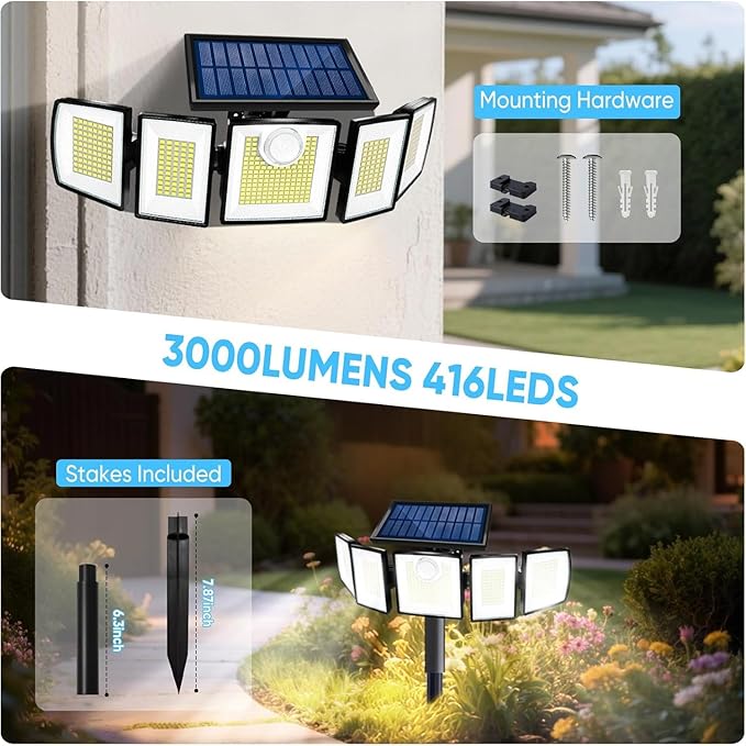 MDCMDCM Solar Lights Outdoor Waterproof Motion Sensor - 416 LEDs 3000 Lumens Super Bright 3 Brightness 3 Modes 2400mAh 360° Illumination 32ft Solar Flood Security Light for Outside (with Stakes, 4)