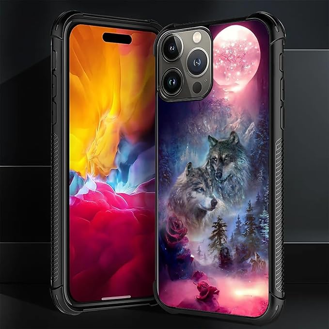 for iPhone 16 Pro Max Case, Star Two Wolfs Howling Pattern Graphic Design Girl Boy Soft Silicone Hard Acrylic Shock Protection for iPhone 16 Pro Max