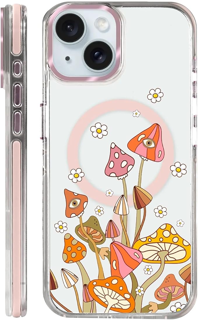 Case for iPhone 14 Plus/15 Plus,[Compatible with MagSafe],Retro Mushroom Sunflower Phone Case Design，for Women Girls Magnetic Clear Cover - Slim, Sleek, & Shockproof Protection