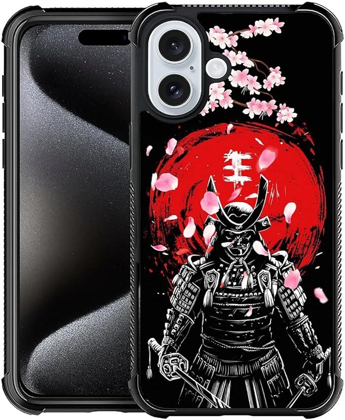for iPhone 16 Case, Sakura Japanese Samurai Pattern Graphic Design Girl Boy Soft Silicone Hard Acrylic Shock Protection for iPhone 16
