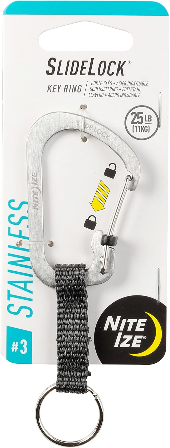 Nite Ize SlideLock Key Ring, Aluminum Locking Carabiner Key Chain with Webbing, Stainless Steel