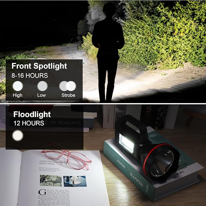 Rechargeable Spotlight Flashlight, High Lumens Handheld Spotlight,LED Searchlight with Shoulder Strap and USB Output for During Hurricane,Emergency, Storms,Hunting , Hiking, Camping(Black Pack of 2)