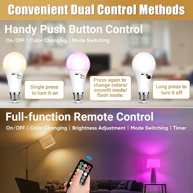 Yochoice 4-Pack Rechargeable Battery Powered Light Bulb, Dimmable A19 Light Bulb with 9 Colors Selectable & 3 Timer, Cordless Bulb for Lamps and Sconce with Remote Control