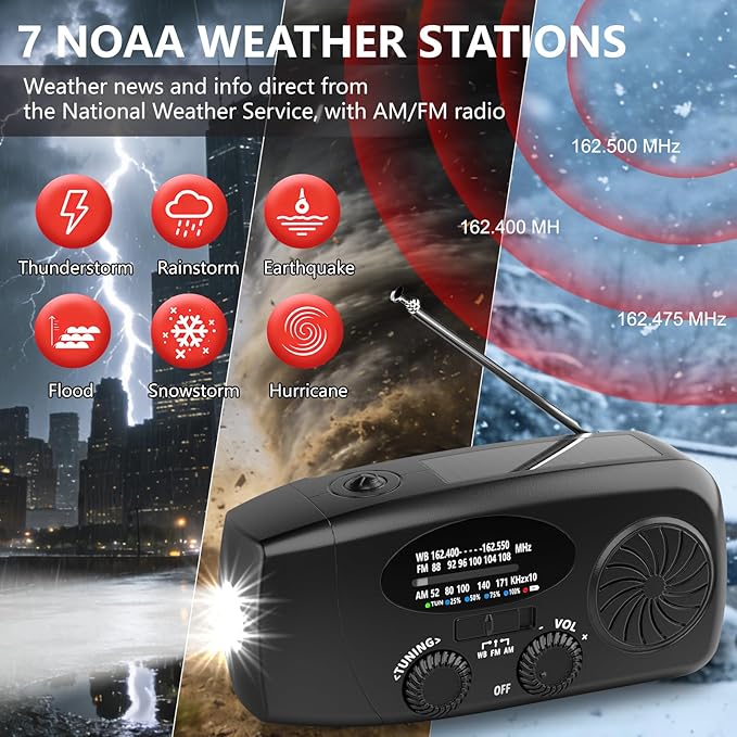 Weather Emergency Radio, Portable Solar AM/FM/NOAA Hand Crank Radio, Cell Phone Charger with SOS, 1W LED Flashlight, Headphone Jack, Power for Emergency Preparedness (Black)