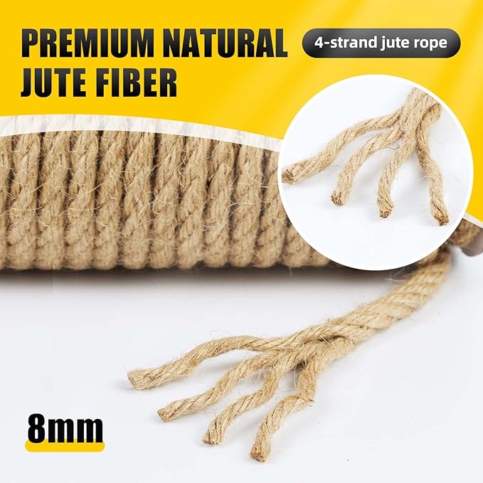 Natural Jute Twine, 8MM x 50FT Jute Rope Roll, Heavy Duty Thick Twine for Cat Scratching Post, Bundling, Gardening and DIY Crafts