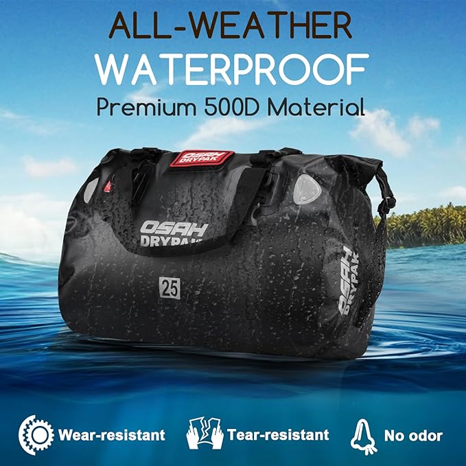 OSAH DRYPAK Waterproof Duffel Bag - Motorcycle Dry Bag Tail Bag with Large Storage Space, Waterproof Luggage Duffle Bags with Outer Mesh Zipper Pocket for Camping, Kayaking, Fishing & Traveling