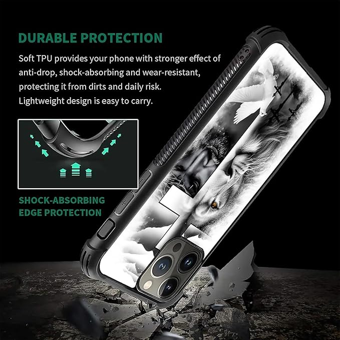 for iPhone 16 Pro Case, Lion Cross Jesus Christ Dove Pattern Graphic Design Girl Boy Soft Silicone Hard Acrylic Shock Protection for iPhone 16 Pro