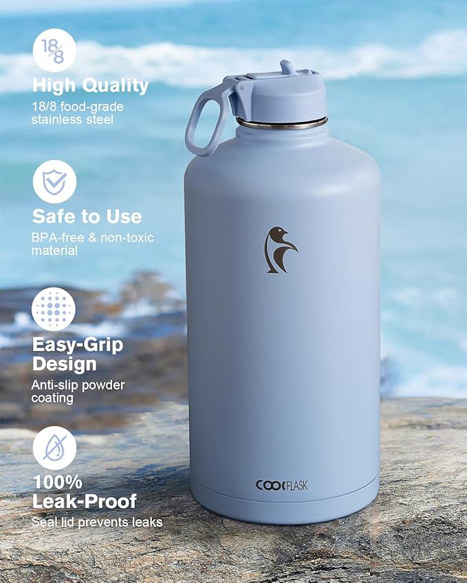 Coolflask 128 oz Gallon Water Bottle Insulated with Straw&3 Lids, Water Jug Large Stainless Steel Metal Vacuum Wide Mouth for Sports, Gym or Office, Non-BPA Keep Cold 48H Hot 24H, Light Blue