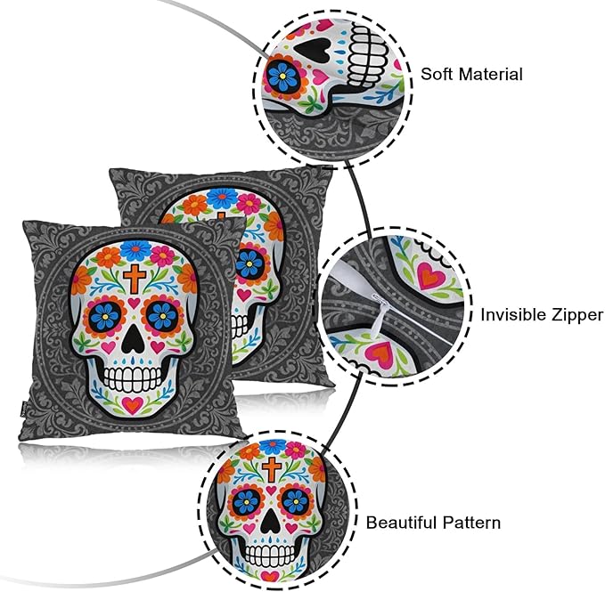 Swono Sugar Skull Set of 2 Square 18x18 Inch Throw Pillow Cover Mexican Day of The Dead Sugar Skull Rose Soft Pillowcases Pillow Cushion Covers for Home Sofa Couch Garden Bench Car Decoration