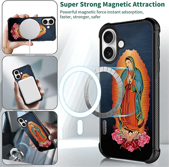 for iPhone 17 Case,for MagSafe Graphic Design for Girl Boy Soft Silicone Hard Acrylic Shock Protection Designed for iPhone 17 Red Virgen Guadalupe Pattern