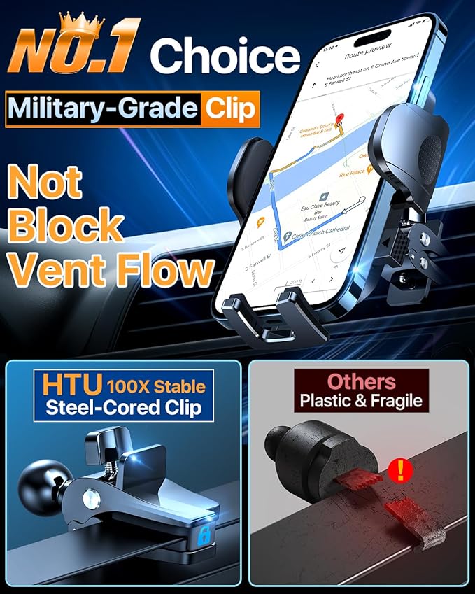 HTU 2026 Ultimate Best【True Military-Grade & Safety Cert】Car Phone Holder【Upgraded 360 Rotation & 100+LBS Strongest Suction】5-in-1 Truck Windshield Dashboard Vent Mount Stand for iPhone Android, Blue