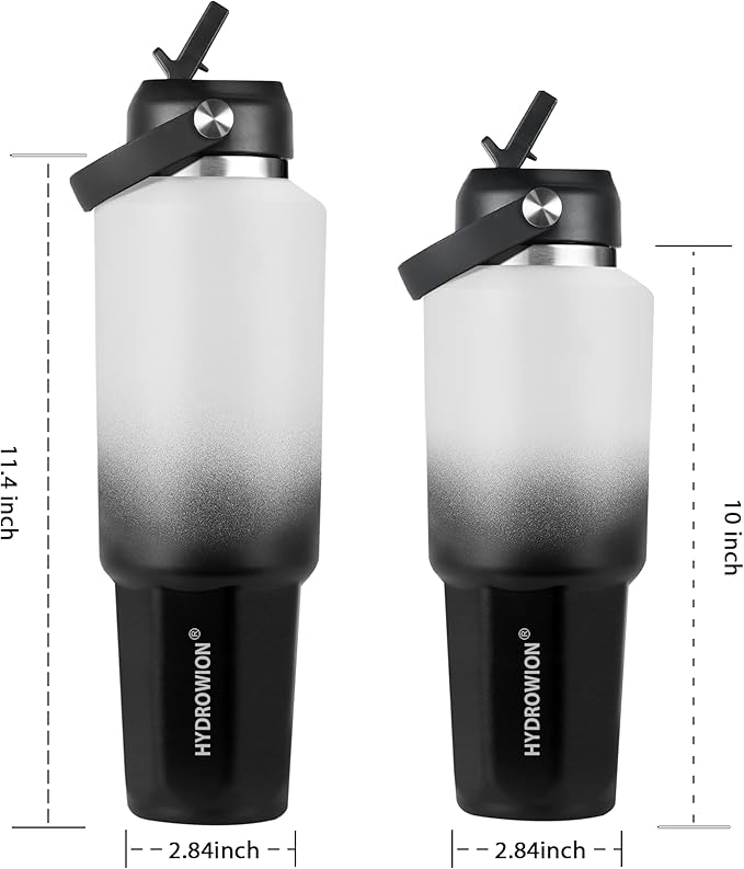 HYDROWION 40 oz Insulated Water Bottle, Car Water Bottle Holder - Double Wall Vacuum Insulated Travel Bottle with Straw Lid, Spout Lid and Flex Cap - Cold for 24H, Hot for 12H, Blue - Panda