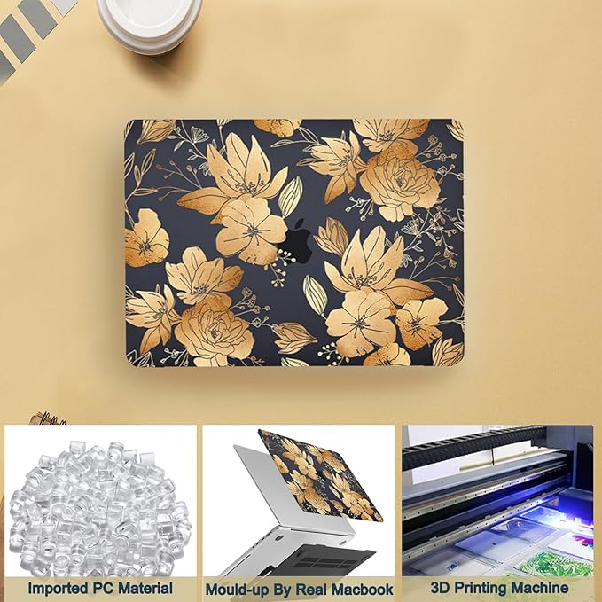 Case for New MacBook Pro 15 inch 2019 2018 2017 2016 Release (Model A1990 A1707),Anti-Fingerprint Hardshell Protective Case Cover & Keyboard Cover for Pro 15.3",Blue Gold Floral