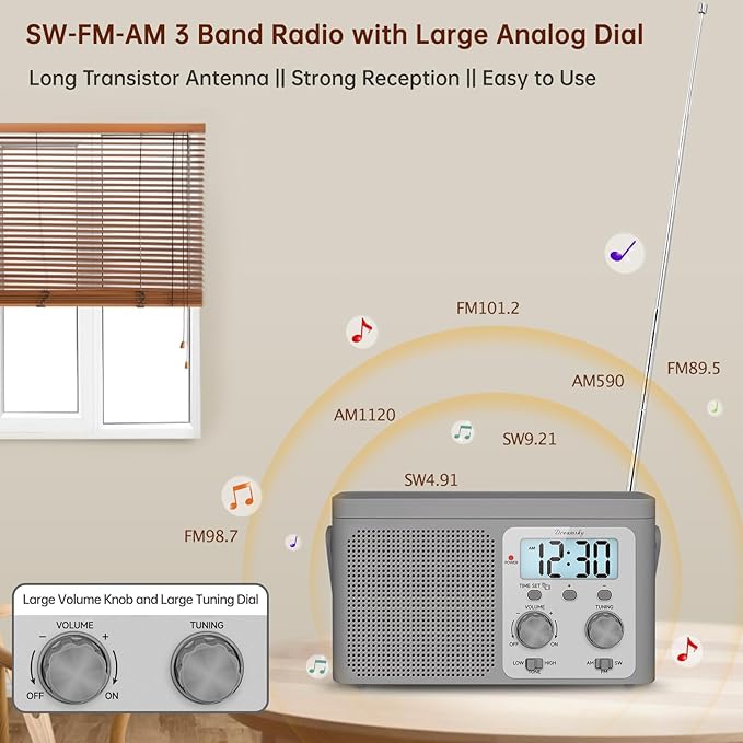 DreamSky AM FM Radio Portable - Shortwave Radio Battery Powered or Plug in Wall for Home Outdoor, Strong Reception, Large Dial Easy to Use, Digital Time Display, Transistor Antenna, Seniors Small Gift