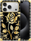 for iPhone 17 Pro Max Case Luxury Golden Decoration for Girl Women Soft TPU Shockproof Protective Hard PC Back for iPhone 17 Pro Max Crazy Pattern Shine Gold Rose