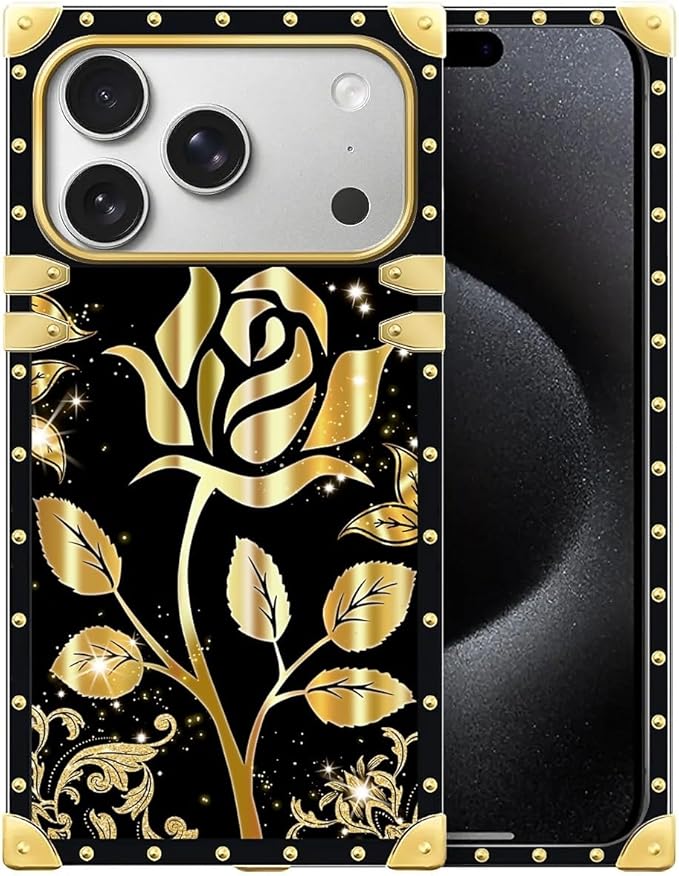 for iPhone 17 Pro Max Case Luxury Golden Decoration for Girl Women Soft TPU Shockproof Protective Hard PC Back for iPhone 17 Pro Max Crazy Pattern Shine Gold Rose