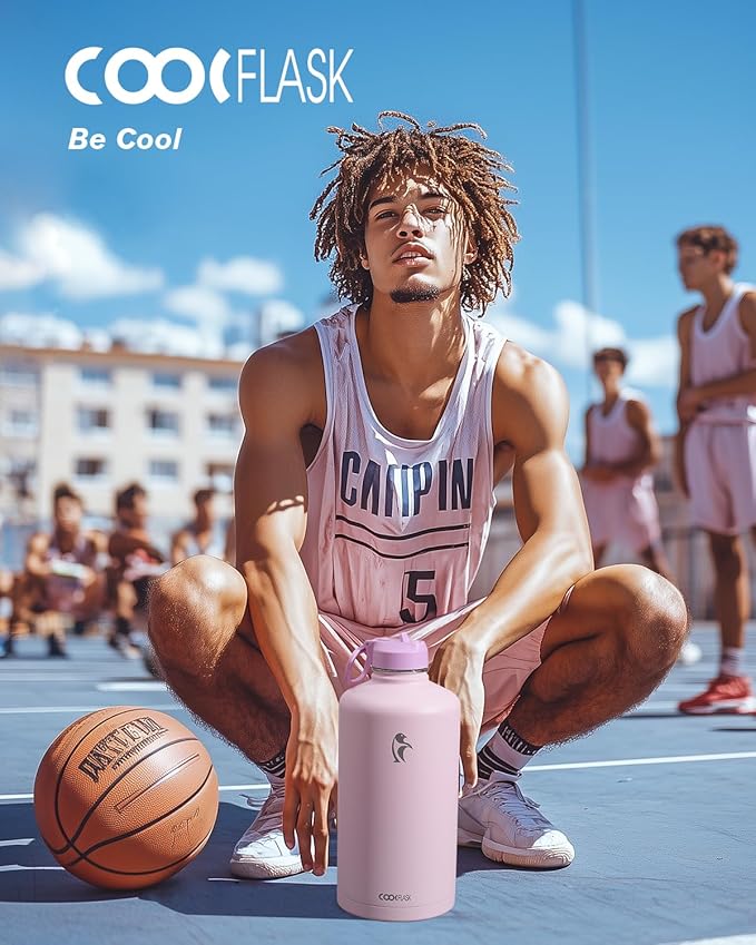 Coolflask 128 oz Gallon Water Bottle Insulated with Straw&3 Lids, Water Jug Large Stainless Steel Metal Vacuum Wide Mouth for Sports, Gym or Office, Non-BPA Keep Cold 48H Hot 24H, Pink