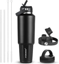 HYDROWION 32 oz Insulated Water Bottle, Car Water Bottle Holder - Double Wall Vacuum Insulated Travel Bottle with Straw Lid, Spout Lid and Flex Cap - Cold for 24H, Hot for 12H, Black