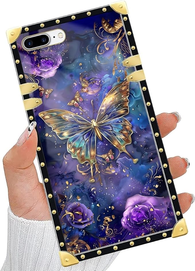 Compatible with iPhone 8 Plus 7 Plus Case, Glistening Golden Butterfly Vibrant Purple Blue Luxury Golden Decoration for Girl Women Soft TPU Shockproof Protective Hard PC Back