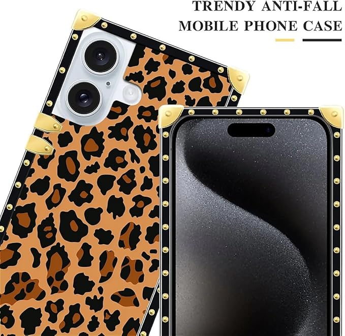 Compatible with iPhone 16 Plus Case, Brown Leopard Texture Luxury Golden Decoration for Girl Women Soft TPU Shockproof Protective Hard PC Back