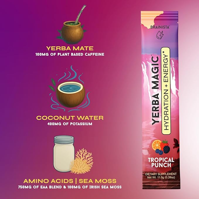 Yerba Magic Hydration + Energy - Tropical Punch with Electrolytes, Yerba Mate Caffeine, Amino Acids, Sea Moss & Coconut Water for Hydration, Muscle Recovery & Clean Energy - Zero Sugar (20 Stick Packs)