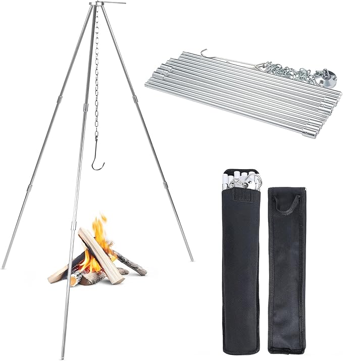 Tactiko Survival 33" Camping Tripod for Cooking - Stainless Steel Folding Stand, Adjustable Chain – Compact, Lightweight Outdoor Gear for Hanging Kettles, Pots & Percolators