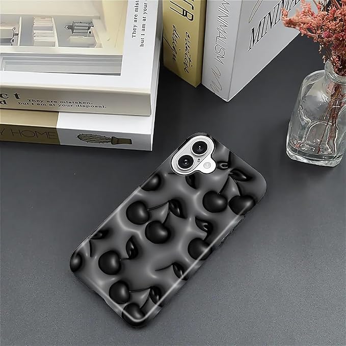 for iPhone 16 Case,HL2 Cute Cool Cherry Black Hybrid 2 Layer Hard Shell Silicone Protective Pattern Design Case