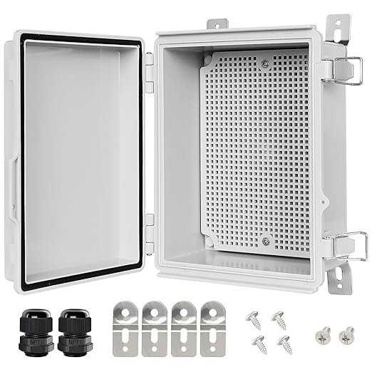 LeMotech Electrical Box, IP67 Waterproof Hinged Cover Stainless Steel Latch Junction Box, ABS Plastic Electrical Enclosure with Mounting Plate,Wall Brackets, Cable Glands, 8.2"x6.3"x3.9", Grey