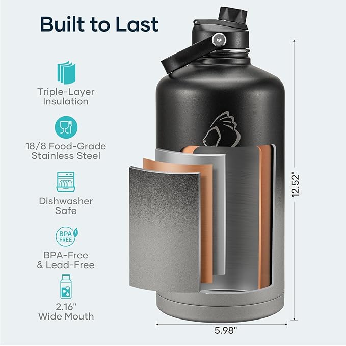 BUZIO Gallon Water Bottle Insulated, 128 oz Large Water Jug Vacuum Stainless Steel Big Metal Flask (Cold for 48 Hrs), Leak Proof & BPA-Free, with Straw and Spout Lids, Shadow